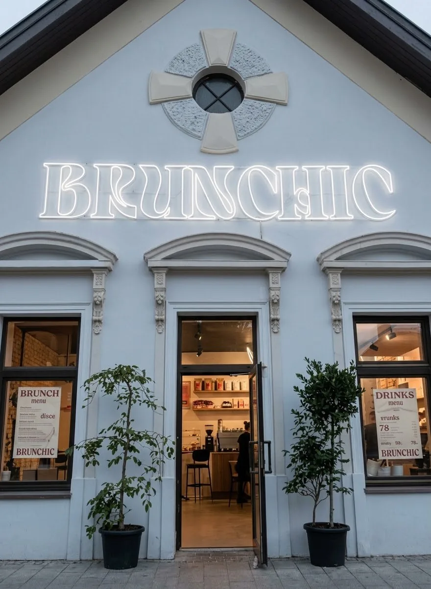 Biely neónový nápis Brunchic na fasáde kaviarne — realizácia Neonworld