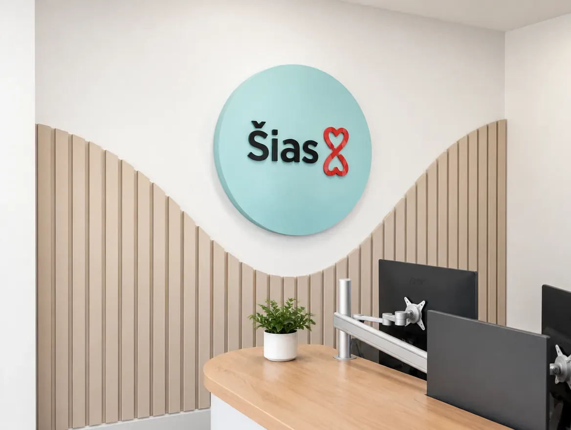 Čierne a červené 3D logo Šias na tyrkysovej kruhovej doske v recepcii — realizácia Neonworld