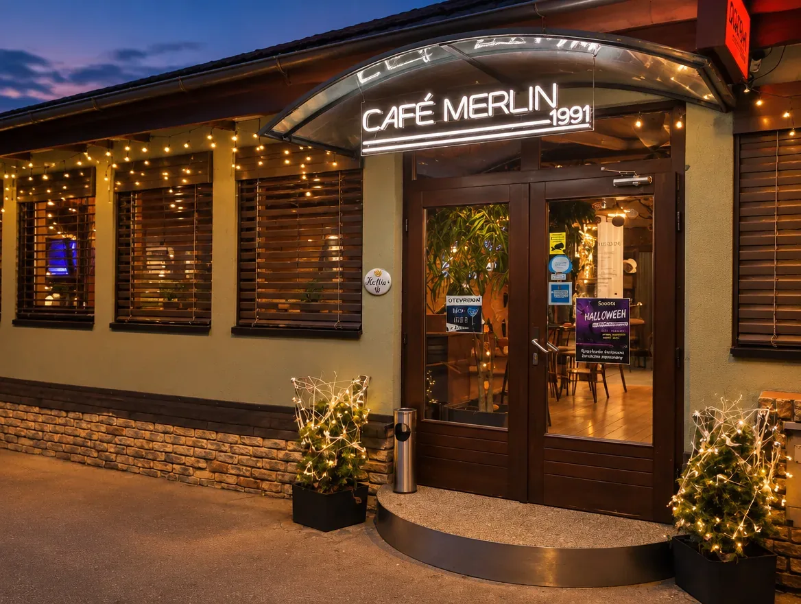 Neónový nápis Café Merlin 1991 nad vchodom kaviarne v podvečer — realizácia Neonworld