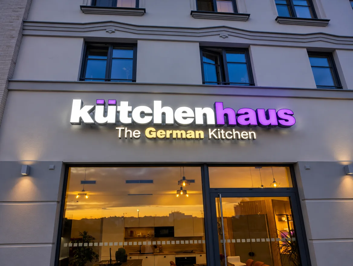 Podsvietené 3D písmená kütchenhaus The German Kitchen na fasáde predajne kuchýň — realizácia Neonworld