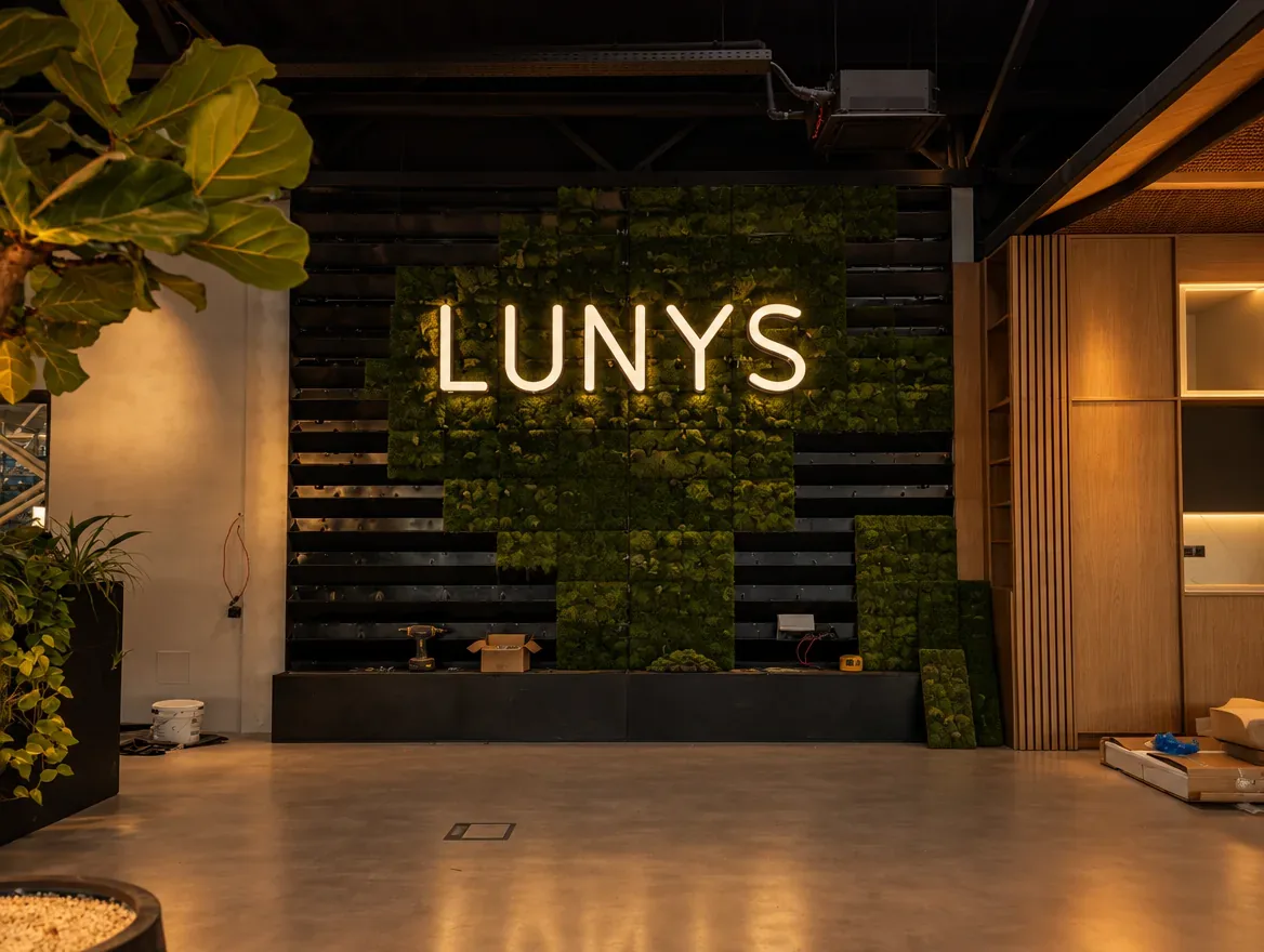 Podsvietené svetelné písmená LUNYS na stene z machu v interiéri — realizácia Neonworld