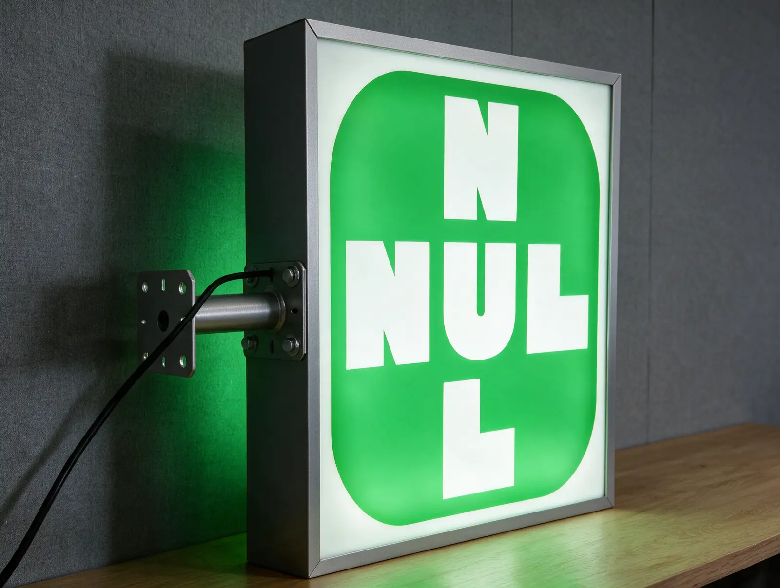 Zelený svetelný box NULL — realizácia Neonworld