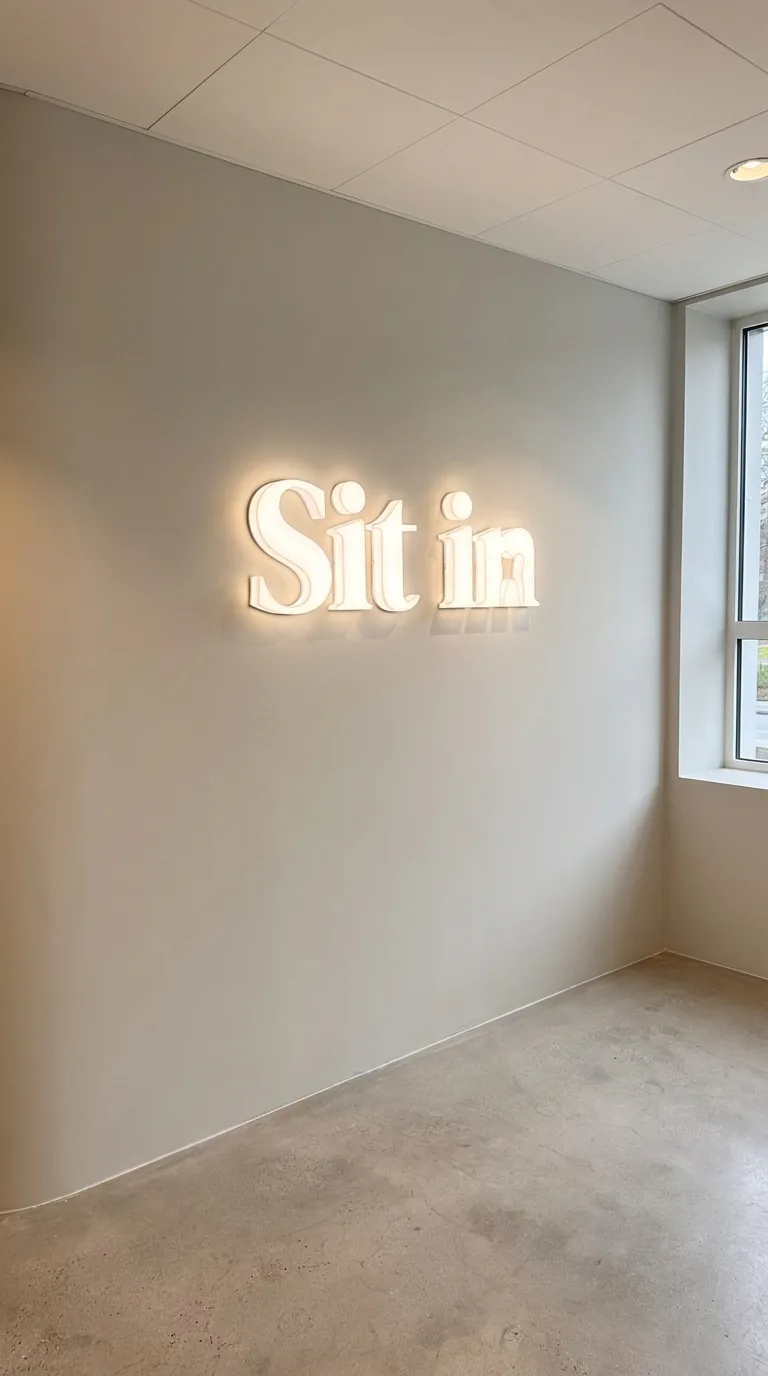 Podsvietený nápis Sit in na stene recepcie — realizácia Neonworld